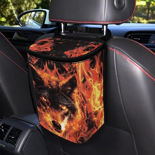 Talayituse Wolf Fire Print Car Trash Can with Lid, Leak Proof Auto Trash Bag Hanging Vehicle Garbage Can Multipurpose Storage Container for Back Seat Road Trip