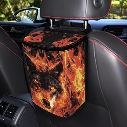 Talayituse Wolf Fire Print Car Trash Can with Lid, Leak Proof Auto Trash Bag Hanging Vehicle Garbage Can Multipurpose Storage Container for Back Seat Road Trip