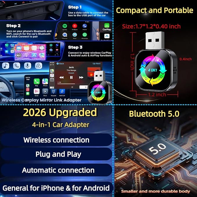 2026 Upgraded 4-in-1 Wireless CarPlay Adapter, Convert Wired to Wireless CarPlay & Android Auto, Support AirPlay & Screen Mirroring, Zero Latency Plug & Play, USB/Type-C for iPhone iOS & Android