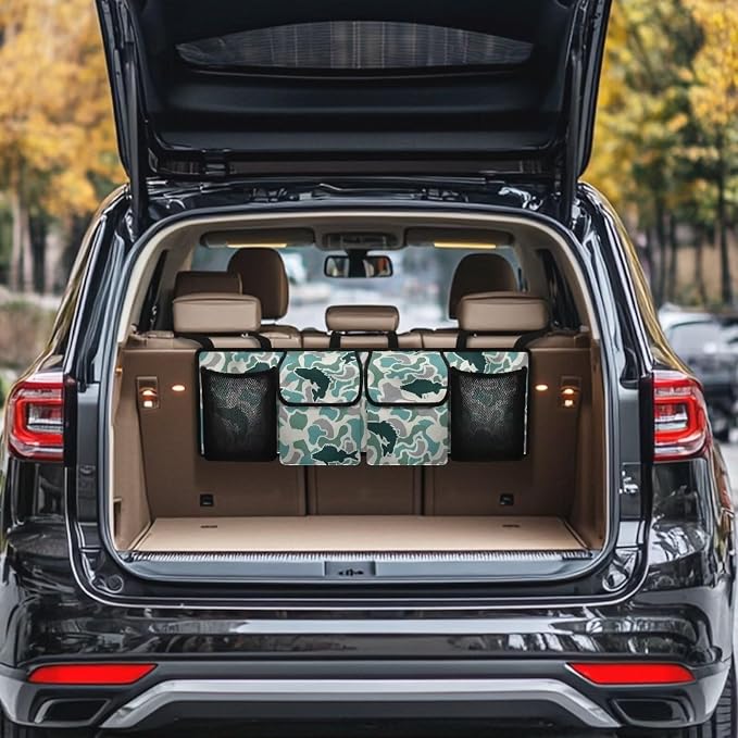 Fish Green Camo Trunk Storage Organizer Waterproof Collapsible Car Storage Bag with 4 Pockets Space Saving Car Trunk Storage Organizer with Lid for Cars Sedans SUVs