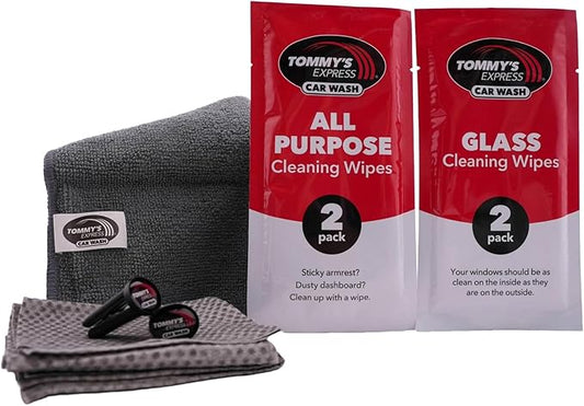 Tommy's Express Interior Cleaning Detail Kit 5 Pack | Microfiber Cloth, 2x Shop Towels, 2x All-Purpose Wipes, 2x Glass Streak-Free Wipes