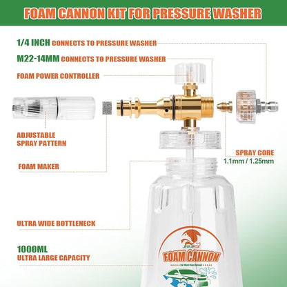 Dual Connector Foam Cannon for Pressure Washer, Pressure Washer Gun with Foam Cannon and 5 Power Washer Sprayer Nozzles Tips for Car Wash Kit Power Washer Gun Foam Soap Cannon for Car Snow Foam Lance