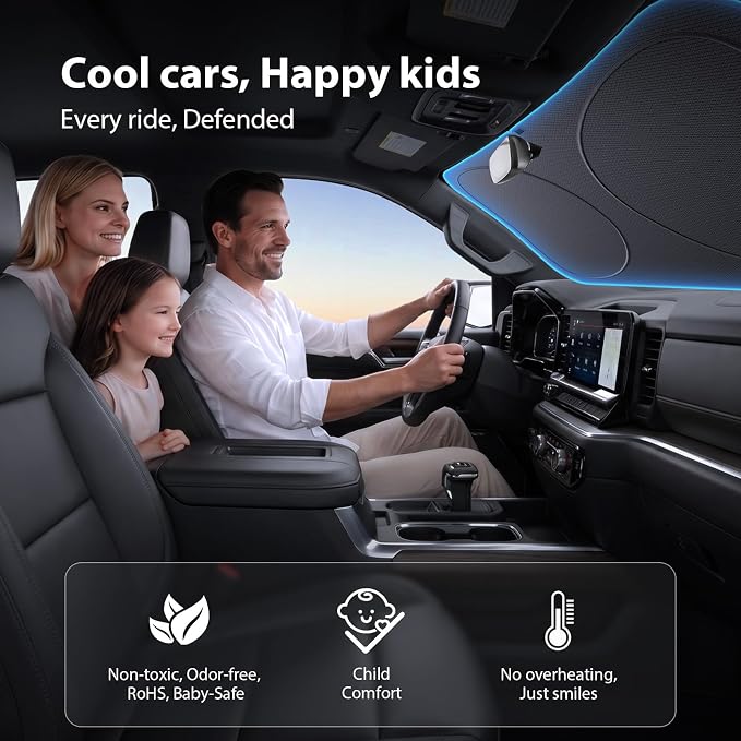 Upgraded Windshield Sun Shade for Trucks [Nano Ice-Crystal Cooling, 99.9% Sun Protection] Foldable Sunshade with Storage Bag, Car Accessories, M(64 x 32 in)