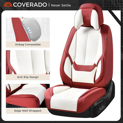 Coverado Seat Covers Full Set, 5 Seats Seat Covers for Cars, Waterproof Nappa Leather Car Seat Covers with Head Pillow, Seat Protectors Car Seat Cushion Universal Fit for Most Cars (Red&White)