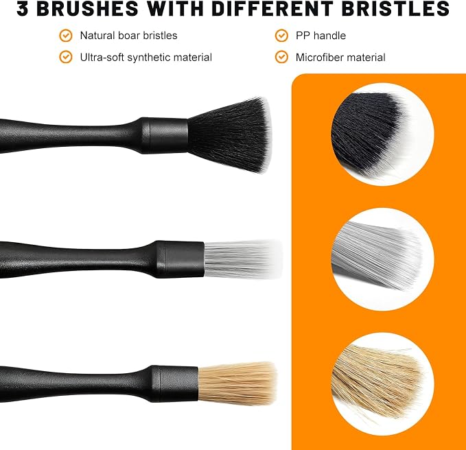 4PCS Car Detailing Brush Kit, Auto Cleaning Kit Includes Vent Cleaner & 3 Ultra Soft No Scratch Boar Hair Brushes, Multi-Use Interior & Exterior Detailing Brush for Most Cars
