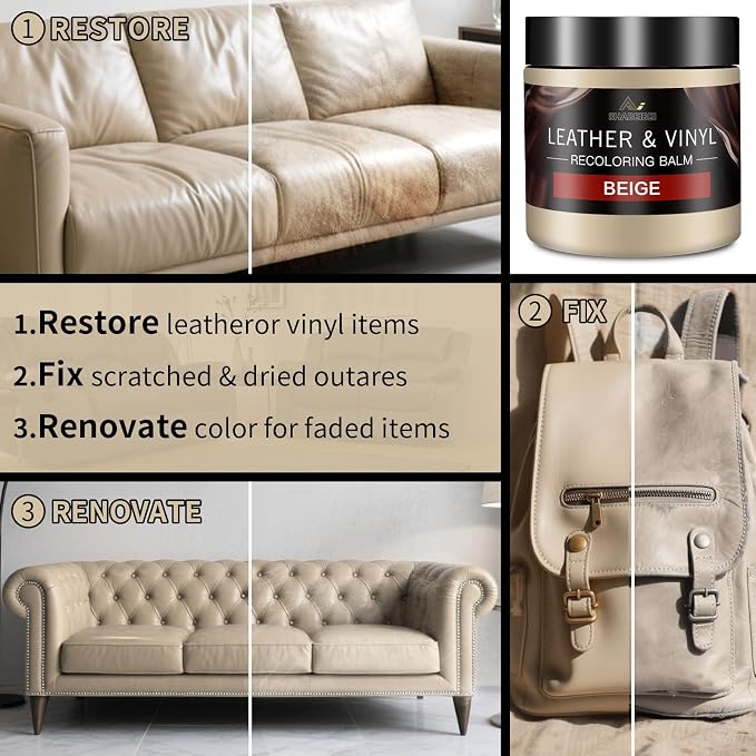 Leather Recoloring Balm and Leather Repair Kit for Furniture, Beige Leather Dye for Couches, Car Seats, Leather Paint & Stain for Sofa, Chairs, Bags, and More