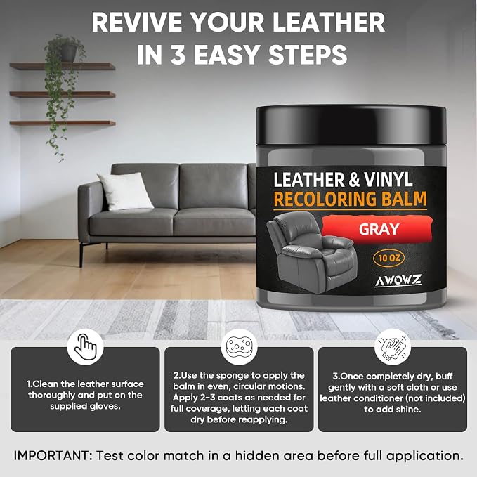 Leather Recoloring Balm - Scratch Repair & Color Restore Kit for Faded Leather, Leather Couch & Car Seats - 10OZ Leather Restorer Balm for Furniture, Auto Interior, Vinyl, Accessories (Gray)