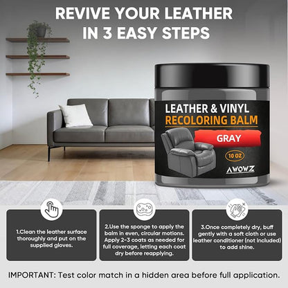 Leather Recoloring Balm - Scratch Repair & Color Restore Kit for Faded Leather, Leather Couch & Car Seats - 10OZ Leather Restorer Balm for Furniture, Auto Interior, Vinyl, Accessories (Gray)