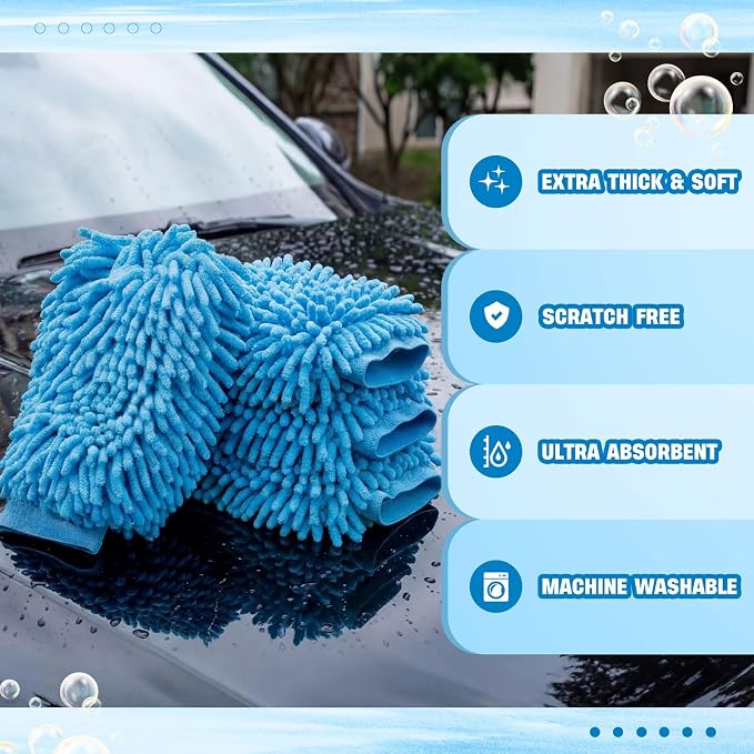 24 Pack Car Wash Mitt Bulk Microfiber, 10'' x 8'' Chenille Car Wash Mitt Gloves, Scratch Free Double Sided No Lint No Marks for Truck SUV and All Vehicle Surfaces (Blue)