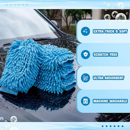 24 Pack Car Wash Mitt Bulk Microfiber, 10'' x 8'' Chenille Car Wash Mitt Gloves, Scratch Free Double Sided No Lint No Marks for Truck SUV and All Vehicle Surfaces (Blue)