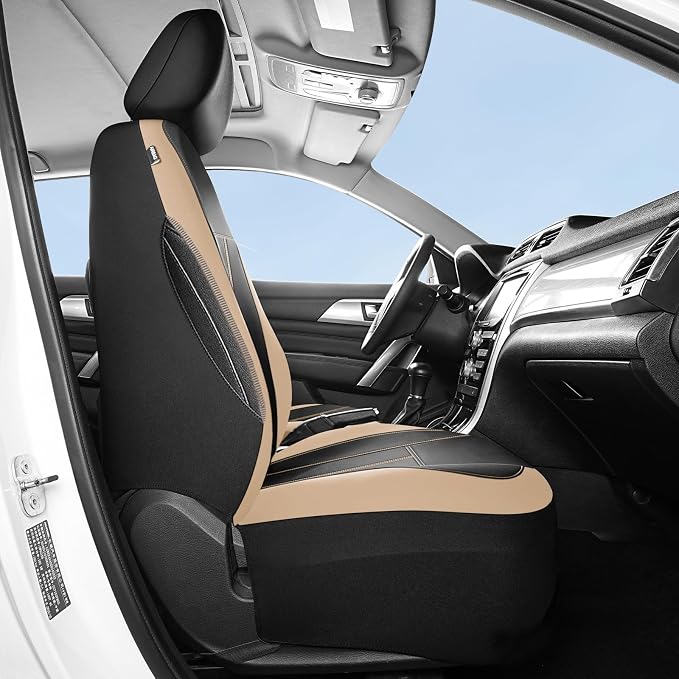 HChengkikz Car Seat Covers Front Seat, Waterproof Neoprene Seat Covers, Car Seat Cover Airbag Compatible, Universal Automotive Comfort for Most Cars, Trucks, SUVs (Black + Beige)