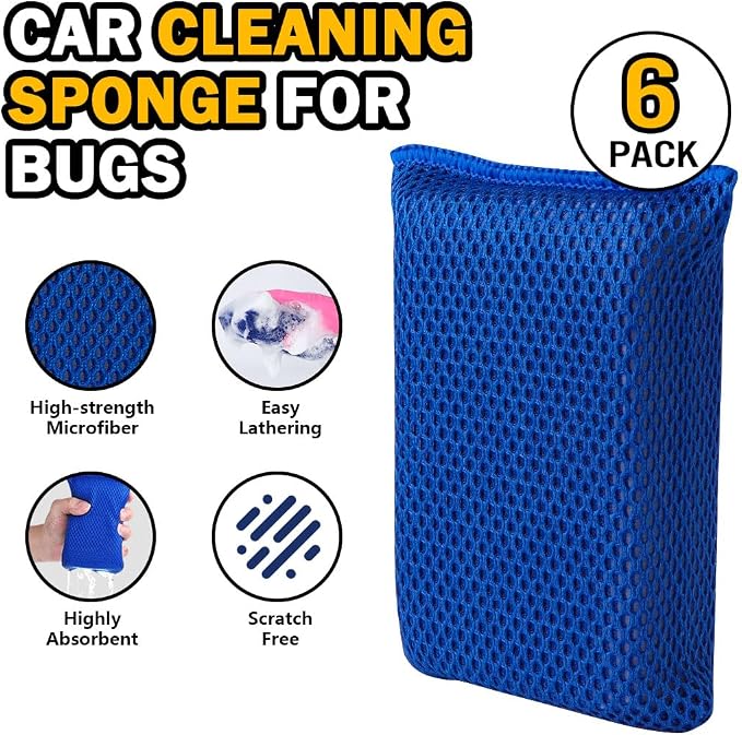 AIDEA Car Wash Sponge, Microfiber Large Bug and Tar Remover for Cars, Non Scratch Reusable Mesh Car Wash Sponges, 6PK, Blue, 5.71 * 3.54 * 1.89 inch