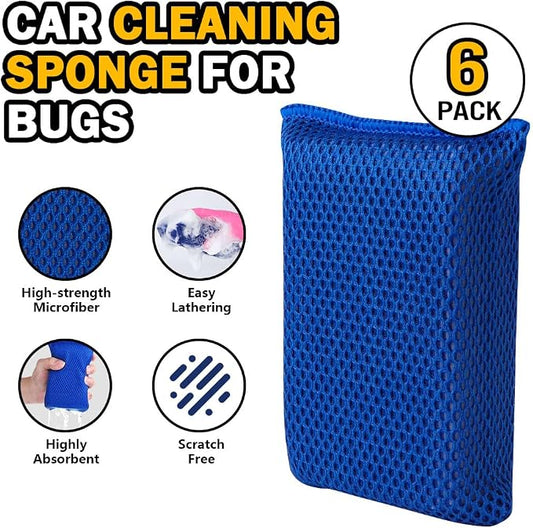 AIDEA Car Wash Sponge, Microfiber Large Bug and Tar Remover for Cars, Non Scratch Reusable Mesh Car Wash Sponges, 6PK, Blue, 5.71 * 3.54 * 1.89 inch