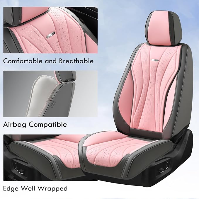 Coverado Front Seat Covers, 2 Pack Leather Seat Cover for Cars, Waterproof Seat Covers, Front Seat Car Seat Protectors, Driver Car Seat Cushions Universal Fit for Most Vehicles, Gray&Pink