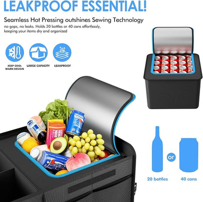 MEI&CO Car Trunk Organizer - 2.5mm PP Board Built, 35L Leakproof Cooler, 105L Capacity, 2 Tie-Down Straps, 4 Adjustable Dividers, Foldable Design for SUVs, Trucks, and Cars