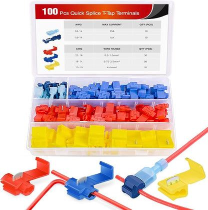 Nilight 100PCS Quick Splice Solderless Wire and T-Tap Electrical Connectors 22-18 18-14 12-10 AWG T Tap Insulated Terminal Assortment Kit