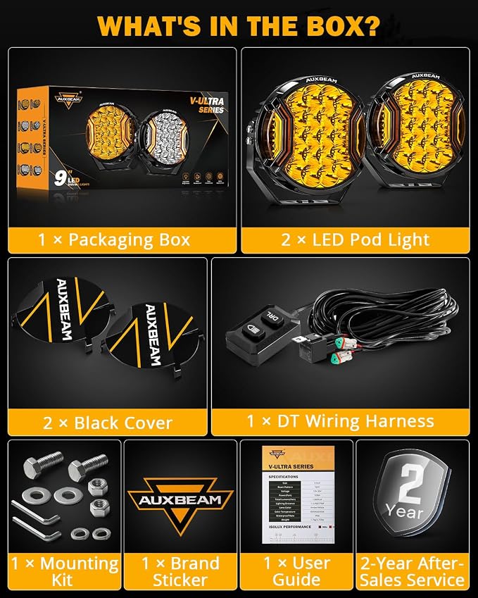 Auxbeam V-Ultra 9" Round Amber Pod Lights, 270° Ultra-Wide Side Shooter Spotlights with Amber DRL& Black Cover, 300W 35600LM Universal Dual Color Off-Road Driving Fog Light Bar for Jeep Truck ATV