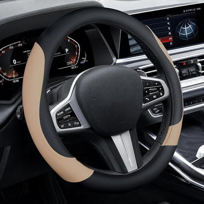 Coverado Nappa Leather Steering Wheel Cover Universal 14-15 Inch Anti-Slip Breathable Steering Wheel Protector Luxury Auto Decor for Men Women Black Brown