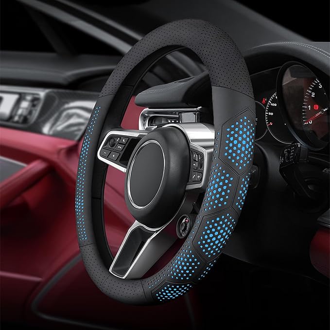 Yangday Leather Steering Wheel Cover for Dodge Ram 1500 2500 3500, 15.5-16 inches Car Steering Wheel Cover with Non-Slip Breathable (Blue)