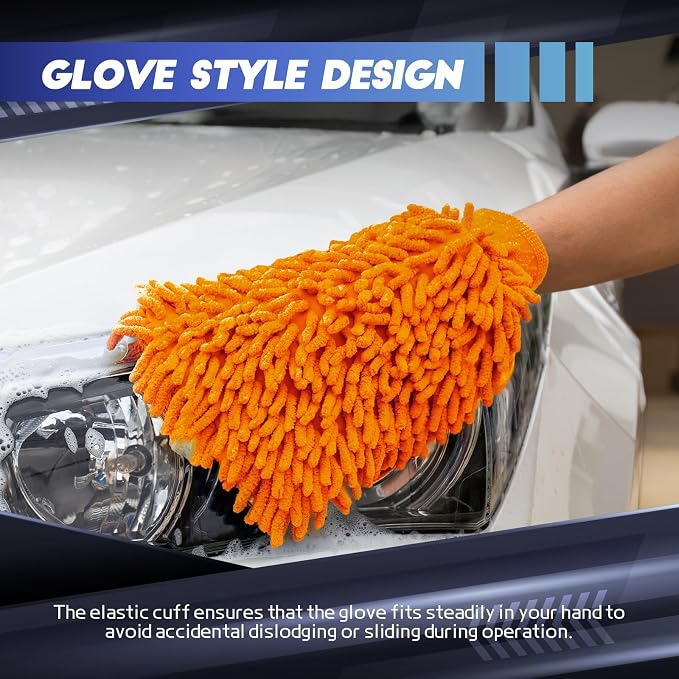 wuyaoyao 2PCS Car Wash Mitt, 10.14"×7.12" Chenille Microfiber Car Wash Mitts, Scratch-Free & Lint-Free, Absorbent Double Sided Clean Glove for Cars Cleaning, Auto Cleaning Supplies (Orange)