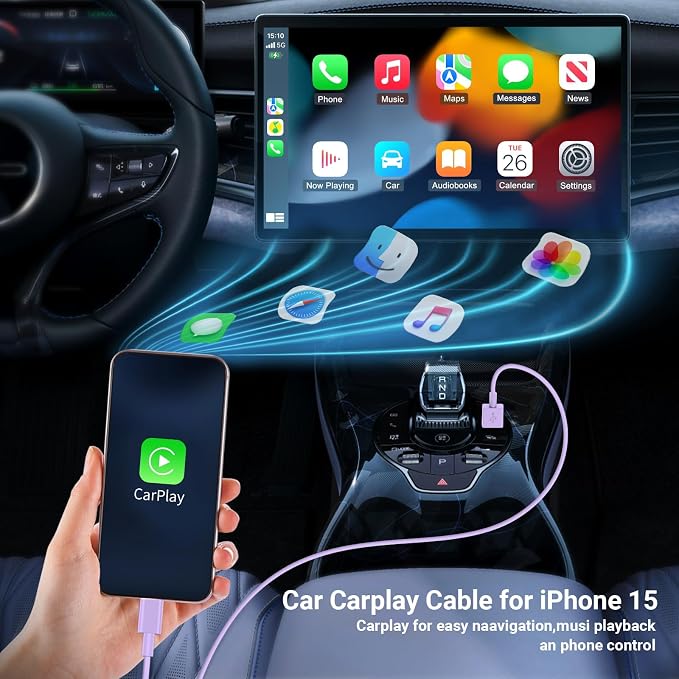 3Pack Car Carplay Cable for iPhone 16 15 Pro Max 15 Plus Car Charger, USB to USB C Cable 6FT for Car Charger Adapter, Carplay USB C Cord Accessories Charging for iPad 10th Gen/iPad Pro Air 5th-Purple