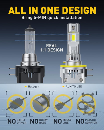 AUXITO H11B Bulbs, 1400% Brightness, 6500K Ultra White, 1:1 Mini Design, Anti-Flicker H8B/H9B Light, 3MIN Plug N Play, 60000Hr+ Long Lifespan, 99% Vehicles Supported, Pack of 2