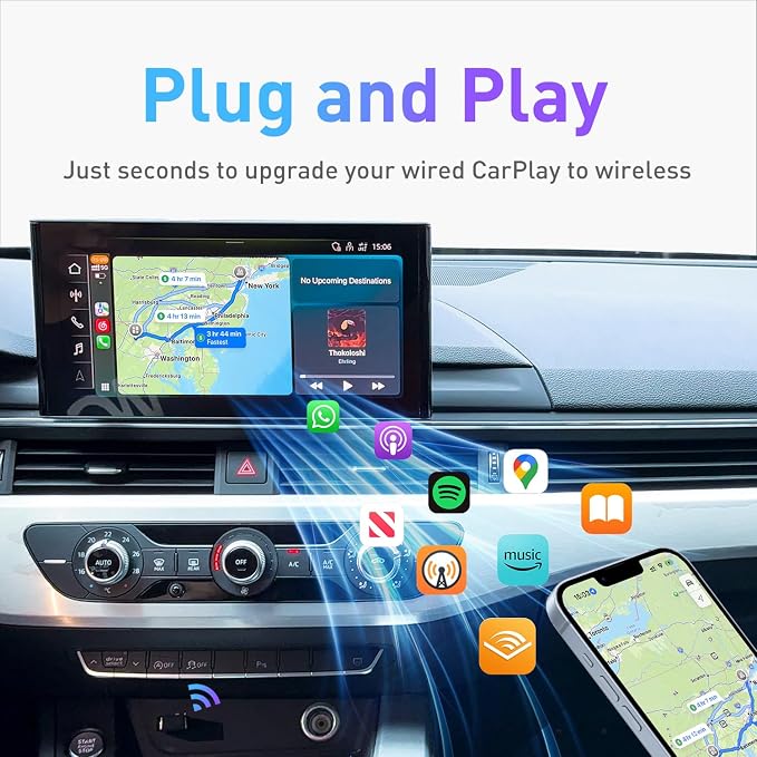 Wireless CarPlay Adapter for iPhone, Car Play Wireless Adapter Mini Size with USB A/USB C Extension Cable for Cars with Built in Wired CarPlay, Plug and Play, No Latency & Stable Connection