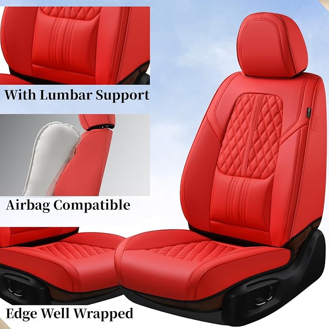 Coverado Car Seat Covers Full Set, Automotive Front and Rear Seat Covers with Backrest, Nappa Leather Car Seat Protectors Waterproof, Universal for Most Vehicles, Red