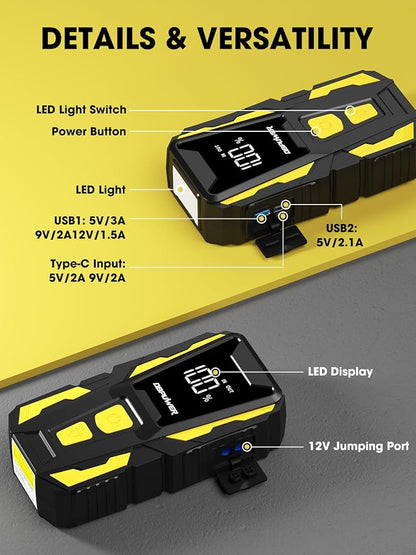 DBPOWER 5000A Jump Starter, 74Wh Car Battery Jump Starter for Up to 10.0L Gas and 8.0L Diesel Engine, 12V Portable Jump Box Battery Pack with Display, LED Light, Jumper Cables, and Storage Case