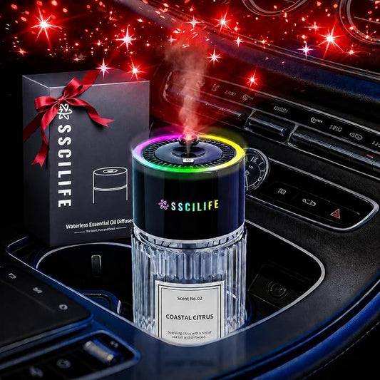 Smart Car Air Freshener Diffuser with Star Light, Auto On/Off Car Aroma Diffuser, 130ml Rechargeable Oil Freshener, Up to 130 Days Use, 4 Mist Modes, RGB Music Sync Light-Coastal Citrus