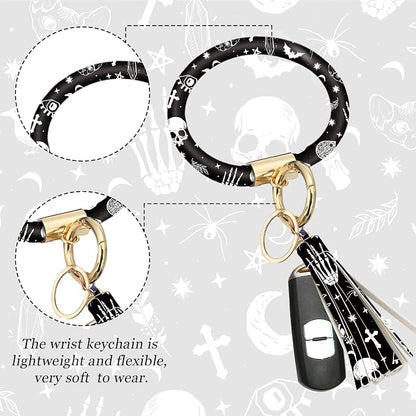 4 Pieces Black Moons White Stars Print Car Accessories Set Black Moons White Stars Steering Wheel Cover with 2 Pieces Car Cup Holder and Leather Keyring for Truck SUV(Horror Pattern)
