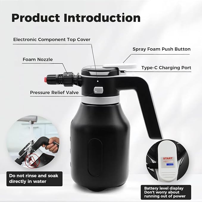Electric Foam Sprayer,2L Portable Rechargeable Cordless Pressurized Spray Foam Cannon, Easy Clean & Acid Resistant for Car Wash Detailing Garden Black (Electric Foam Sprayer 1.0)