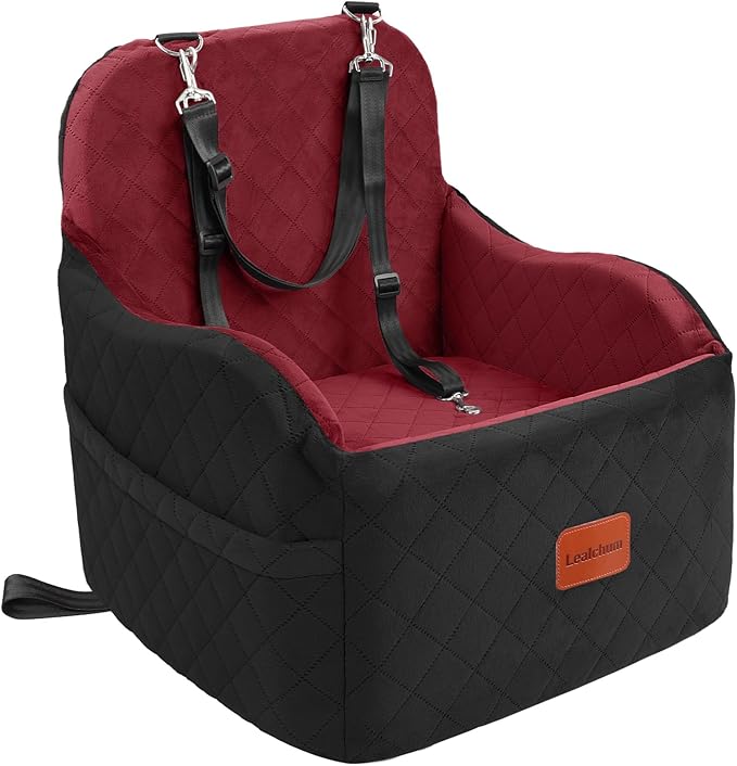 Lealchum Dog Booster Car Seat for Small/Medium Dogs,Puppy Portable Car Bed with Elevated Cushion,Fully Detachable and Washable,2 Storage Pockets,Easy to Install (Blakc/Red, Medium)