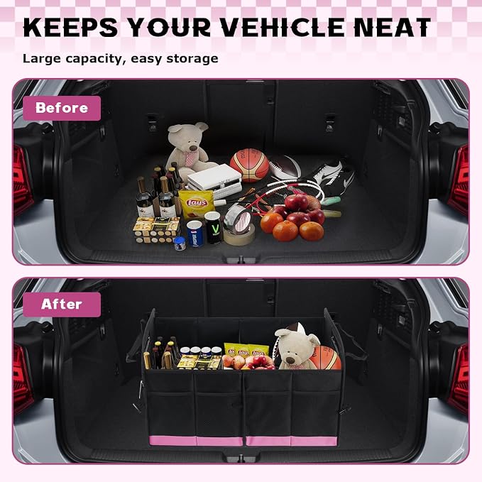 Car Trunk Organizer, 72L Large Capacity Waterproof Auto Storage Organizer with Non-Slip Bottom Strips, Collapsible Cargo Organizer for Suv, Truck, Sedan, Portable Car Accessories for Women Men(Pink)