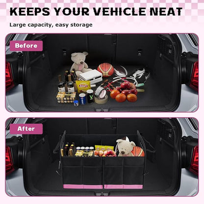 Car Trunk Organizer, 72L Large Capacity Waterproof Auto Storage Organizer with Non-Slip Bottom Strips, Collapsible Cargo Organizer for Suv, Truck, Sedan, Portable Car Accessories for Women Men(Pink)