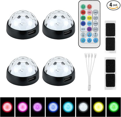 Mcbazel Wireless Car Ambient Lights, Upgraded Starry LED Interior Decor Lighting with Remote & Voice Control, 12H Long Battery, 1-to-4 USB-C Cable, Hook and Loop Mount Footwell Light, 4-Pack