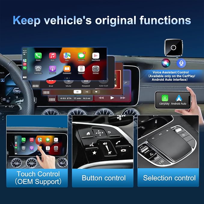 Wireless CarPlay/Android Auto Mini Adapter 2-in-1 Plug&Play Dongle for OEM Wired CarPlayAndroid Auto Cars After 2016 Fast Auto-Reconnect Keep Factory Controls Support iOS 10+ / Android 11+