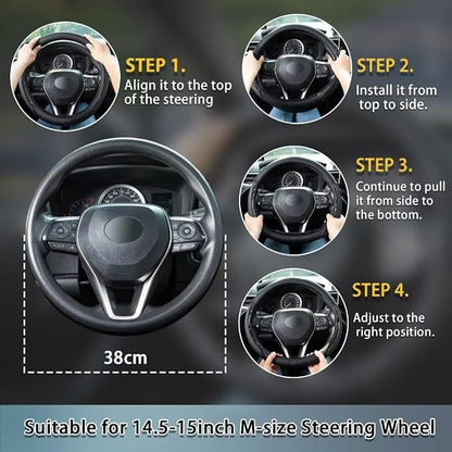 Steering Wheel Cover Black, Carbon Fiber Car Steering Wheel Covers with Coasters Universal 14.5-15 inch Leather Microfiber Breathable Anti-Slip Steering Wheel Accessories Set
