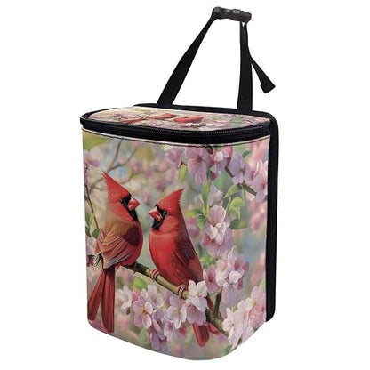 Cardinal Bird Cherry Blossom Print Trash Can for Car Leakproof Garbage with Lid and Zipper Trash Bin Hanging Back of Seat Auto Interior Accessories Universal Fit Most Truck SUV Van