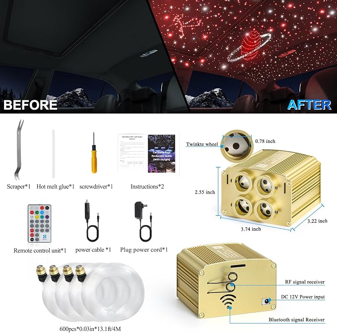 4 Colors 32W Twinkle Car Starlight Headliner Kit 600pcs*0.03in*13.1ft with APP&RF Remote, RGBW Fiber Optic Ceiling Star Lights, 4 Port Engine Sound Activated Star Roof Lights for Car Home Theater