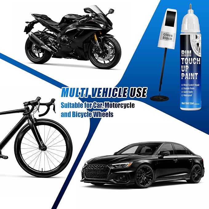 Gloss Black Rim Touch Up Paint, 2-in-1 Brush & Tip, 0.4 fl oz - Universal Black Rim Curb Rash Repair Kit for Scratches, Scuffs on Alloy/Metal Wheels, OEM Color Match, Quick-Dry & Long-Lasting