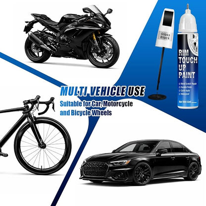 Gloss Black Rim Touch Up Paint, 2-in-1 Brush & Tip, 0.4 fl oz - Universal Black Rim Curb Rash Repair Kit for Scratches, Scuffs on Alloy/Metal Wheels, OEM Color Match, Quick-Dry & Long-Lasting