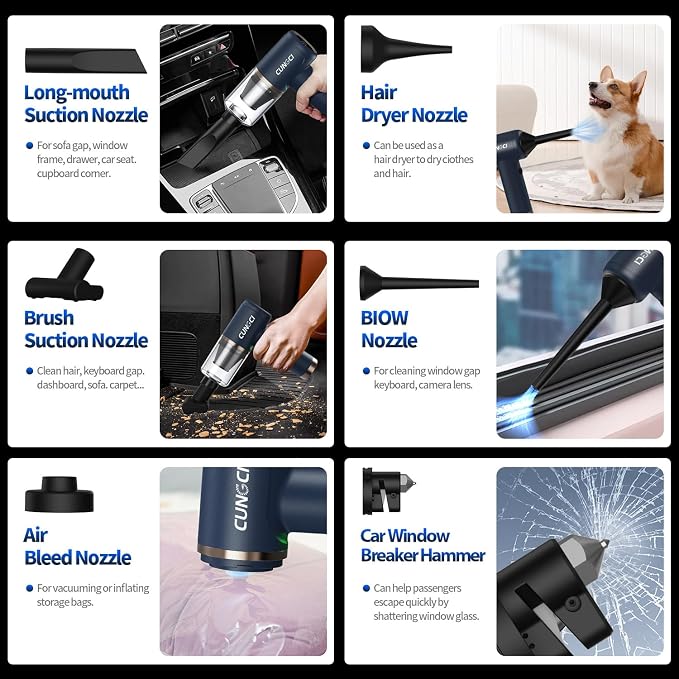 Car Vacuum Handheld Vacuum Portable Cordless, 18000Pa 5 in 1, 100W Brushless Motor, High Power Vacuum Cleaner with Window Breaker Hammer, LED Light, Multi-Nozzles for Car, Home, Pet, Office