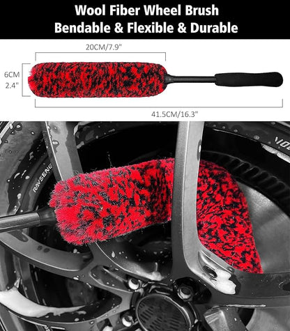 YeewayVeh Wheel Cleaning Kit, 5Pack Bendable Wheel Cleaning Brush and Microfiber Rim Cleaner Brush, Tire Dressing Applicator and Car Detailing Brush for Wheel Care and Cleaning Kit, Red