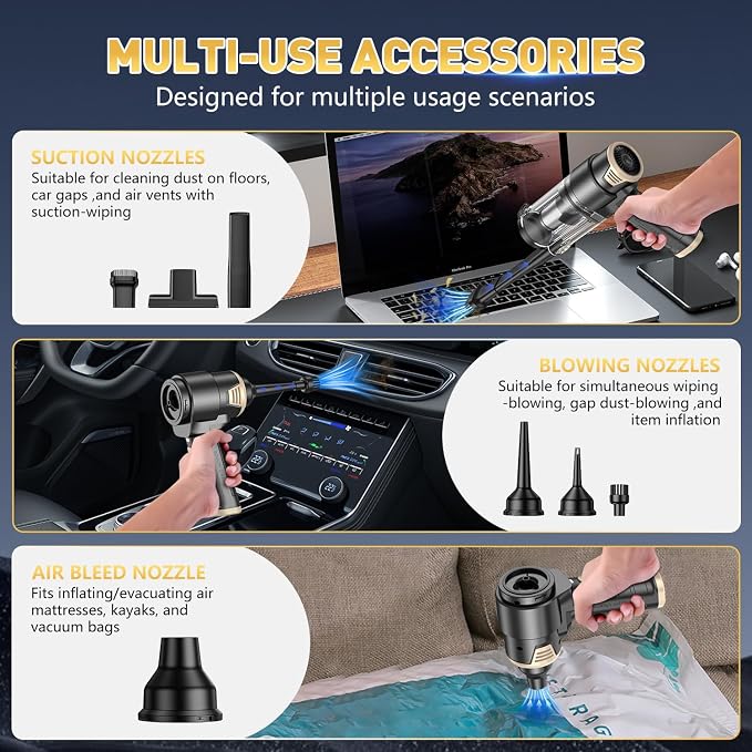 KMM Handheld Car Vacuum Cleaner, 16000PA Air Duster & Vacuum Cleaner, 120W High Power Hand Held Vacuum Cordless, Portable Vacuum Rechargeable with Multi-Nozzles & LED Light for Car, Home, Pet, Office
