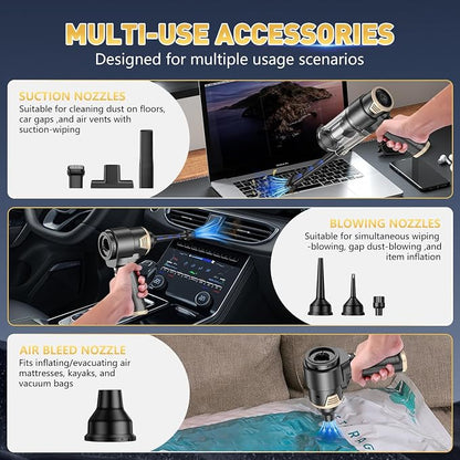 KMM Handheld Car Vacuum Cleaner, 16000PA Air Duster & Vacuum Cleaner, 120W High Power Hand Held Vacuum Cordless, Portable Vacuum Rechargeable with Multi-Nozzles & LED Light for Car, Home, Pet, Office
