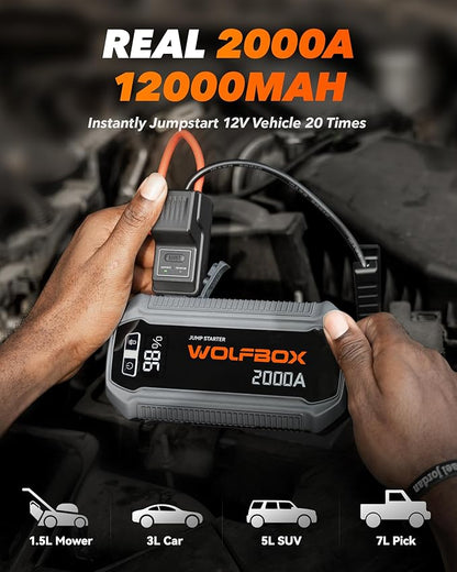WOLFBOX 2000A Jump Starter, 44.4Wh Battery Jumper Starter Portable with LED Display, 12V Car Battery Jump Starter Pack (7L Gas 6L Diesel Engine) with Booster, LED Light, Jumper Cables (NO Adapter)
