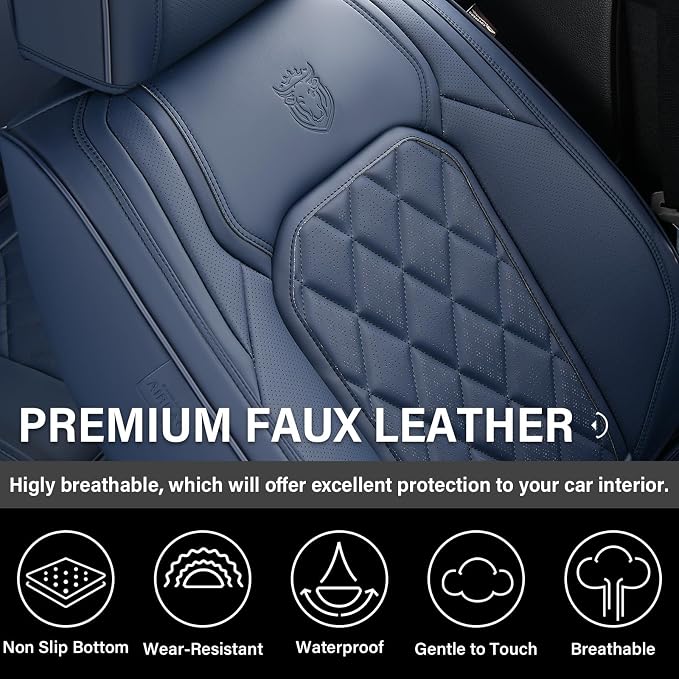 Coverado Car Seat Covers, Front Seat Cover, 2 Pack Luxury Faux Leather Seat Covers for Cars, Waterproof Car Seat Protector, Blue Car Seat Cover, Universal Car Seat Protectors Fit for Most Cars