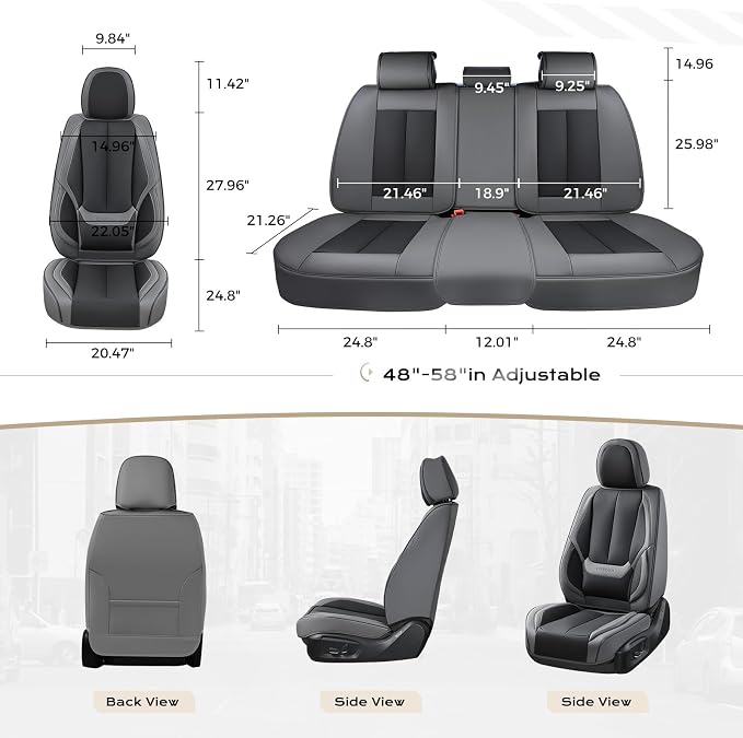 Coverado Seat Covers, Car Seat Covers Full Set, Leather Seat Covers for Cars, Car Seat Protector, Gray Car Seat Covers Front Seats and Back Seats Universal Fit for Most Cars Black