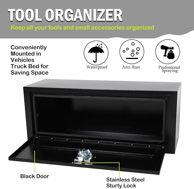 36 Inch Steel Underbody Truck Tool Box with T-Handle Lock, Heavy Duty Contractor Toolbox For Organization And Storage, Job Tool Chest, 36"x 12"x 14" inch Black
